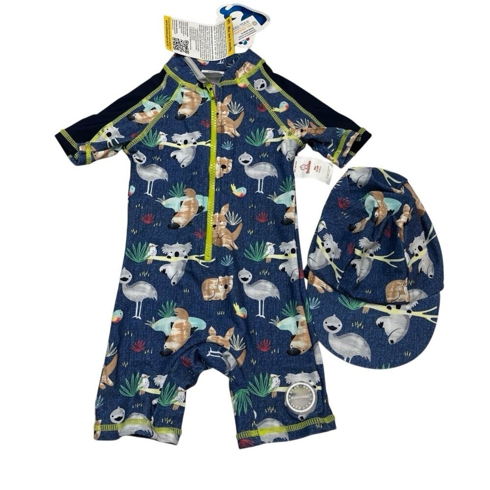 Bonverano Swimsuit Baby  One Piece Rash Guard W Sunhat UPF 50+ Boy 9-12 Month